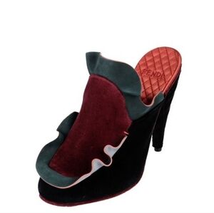 Fendi Black and Burgundy Suede Ruffle Mules